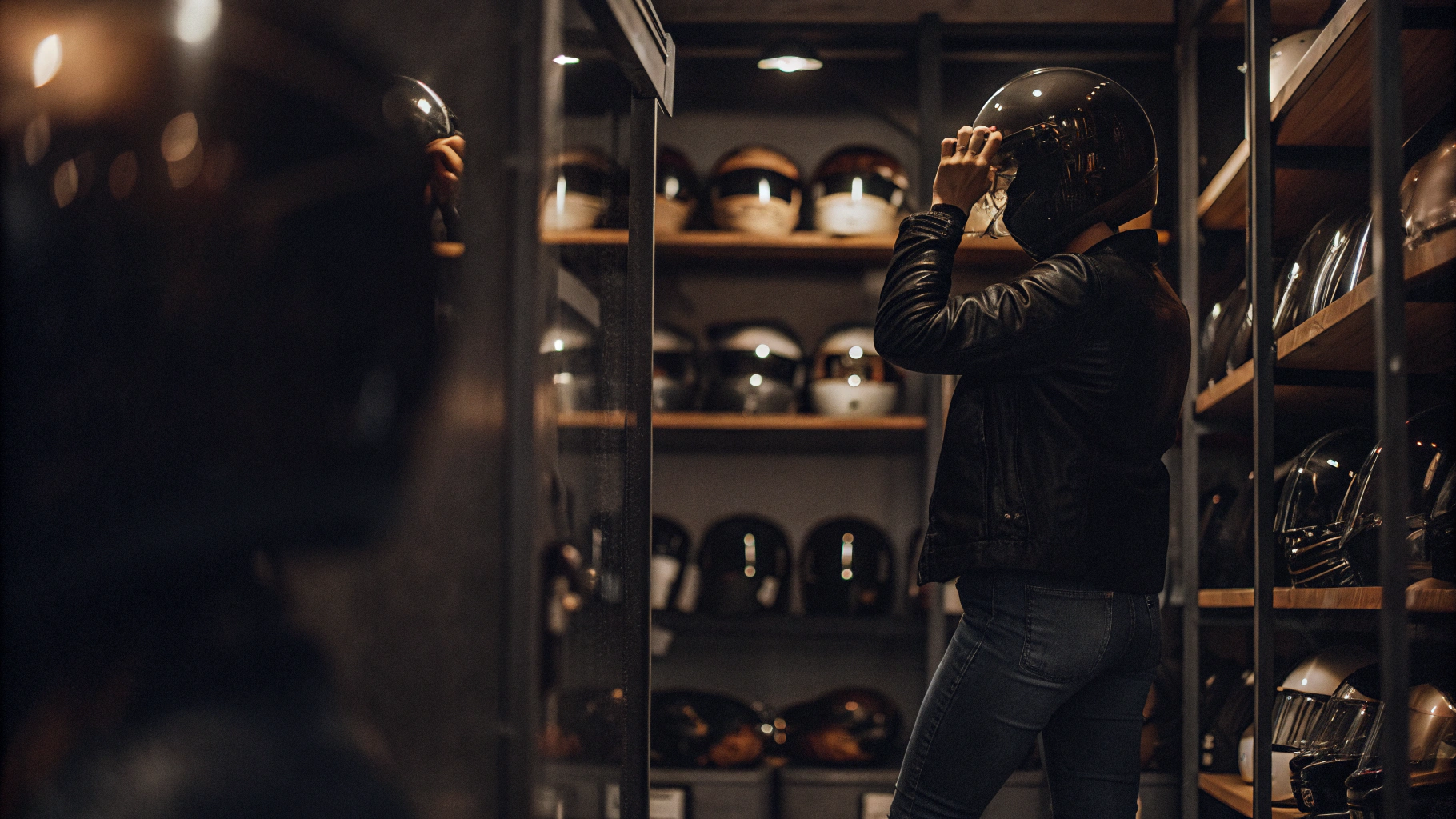 Close-up of a motorcyclist fastening the strap of a sleek, modern helmet. Focused on hands and helmet, blurred motorcycle in background.
